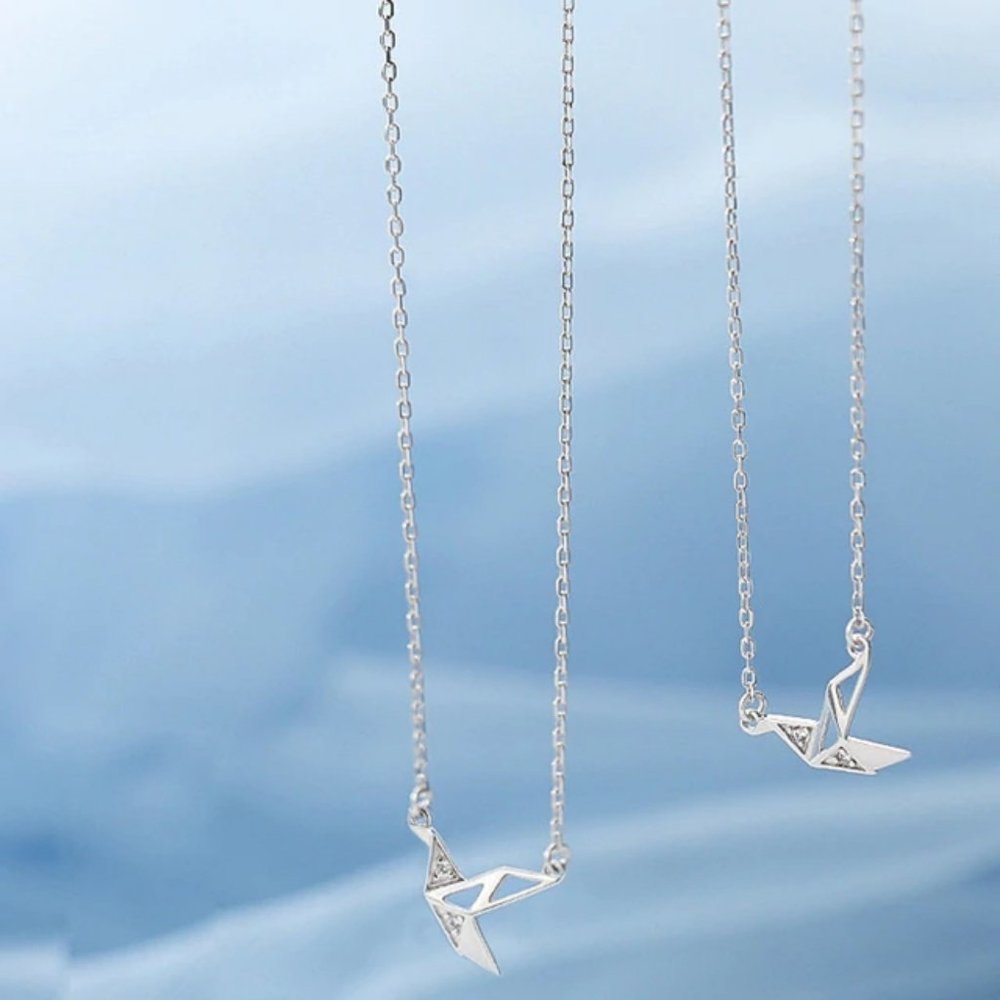 925 Sterling Silver Diamond Paper Crane Neckla